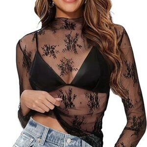Y2K Sheer Lace Long Sleeve Mesh Top – Black